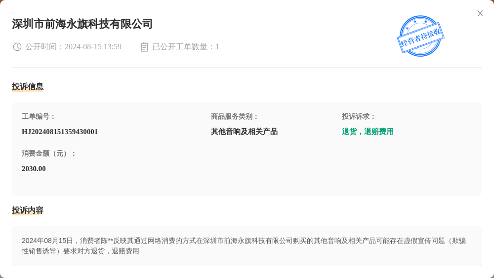 深圳市前海永旗科技有限公司8月15日被投诉<strong></p>
<p>永旗虚拟币</strong>，涉及消费金额2030.00元