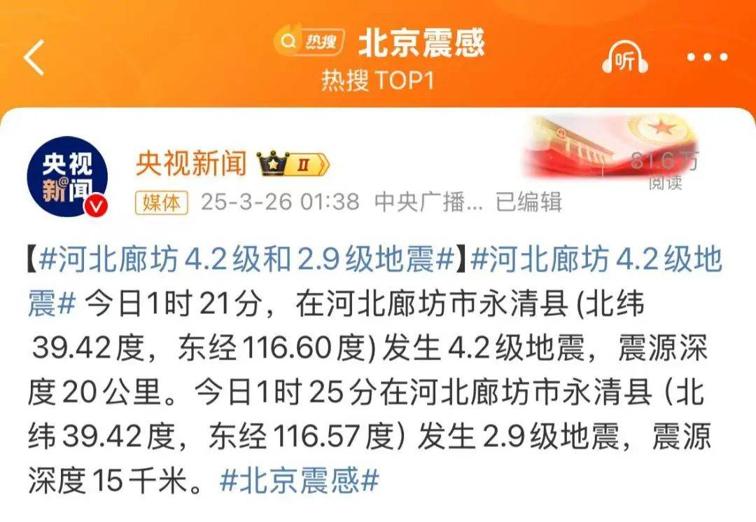 震醒了<strong></p>
<p>蜜蜂虚拟币</strong>！“北京震感”热搜第一！河北廊坊凌晨2次地震